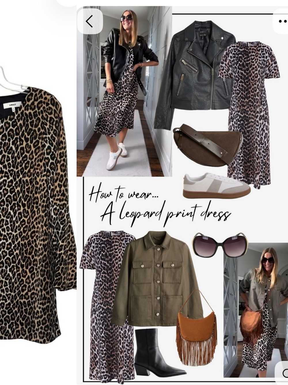 Likely Leopard Print‎ Bell Sleeve Mini Shift Dress Brown Tan Black Womens 8